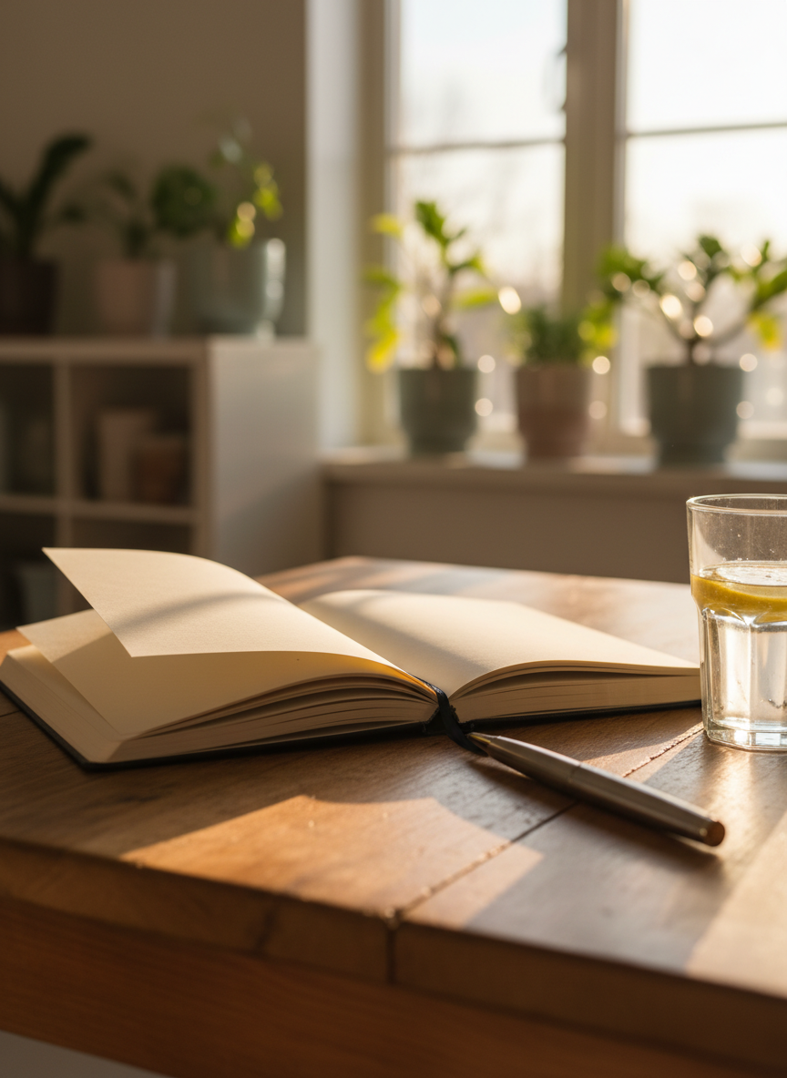 Una mesa de madera cálida y algo desgastada en una sala luminosa, vista desde un ángulo ligeramente elevado. Sobre la mesa, un cuaderno abierto con páginas en blanco de textura gruesa, un bolígrafo metálico brillante y un vaso de vidrio con agua y rodajas de limón. Al fondo, desenfocado, un mueble con plantas verdes en macetas de cerámica de colores suaves y una ventana grande por donde entra luz de tarde dorada, creando reflejos en el vaso y sombras suaves. La atmósfera es íntima, juguetona y creativa, como el comienzo de una nueva entrada de blog personal. Fotografía nítida, estilo realista, con profundidad de campo reducida y tonos cálidos y acogedores.