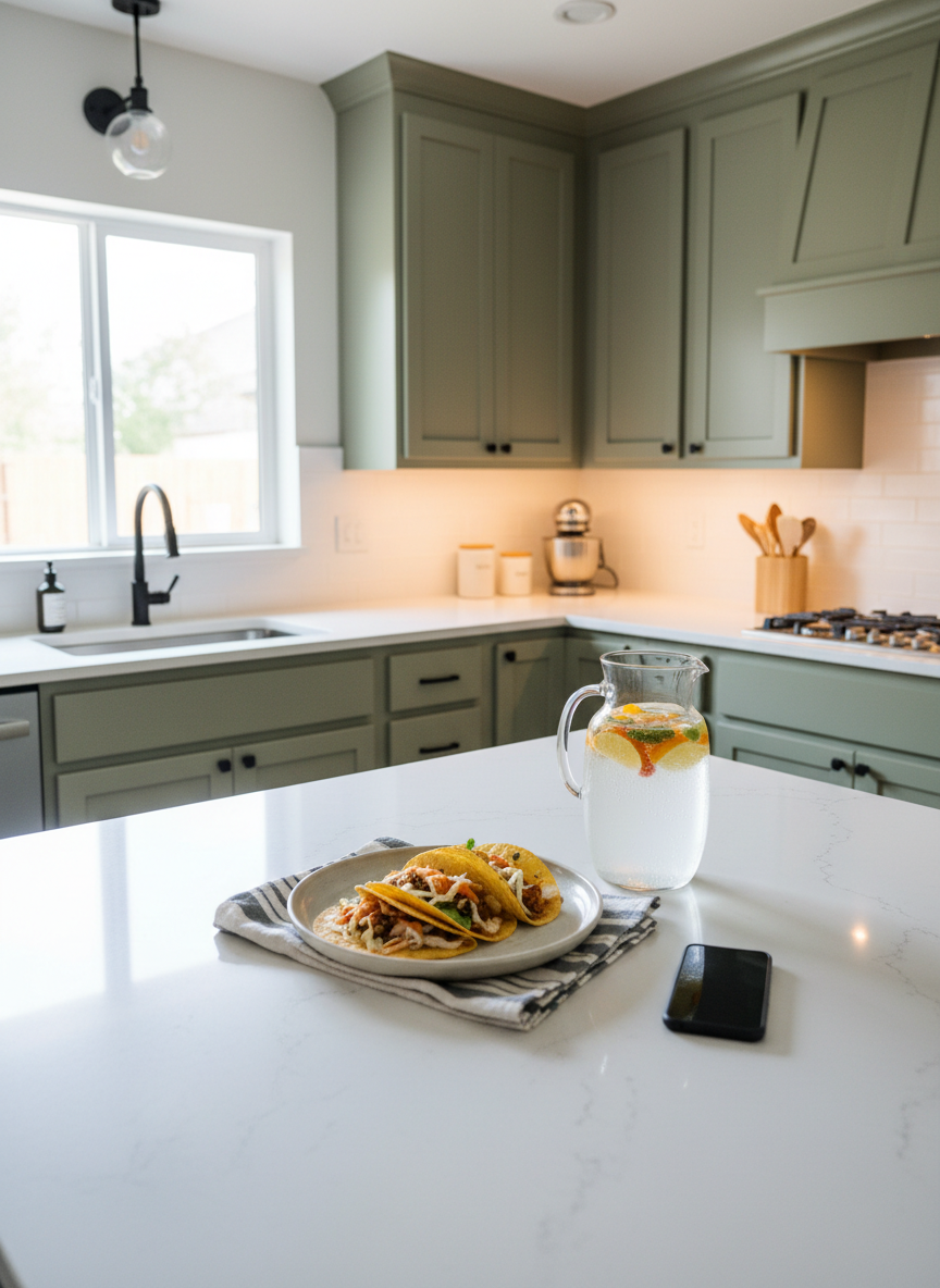 Una cocina moderna y colorida vista en perspectiva amplia, con encimeras de cuarzo blanco impecable y gabinetes en tonos verde oliva mate. Sobre la isla central, un plato con tacos caseros cuidadosamente montados, servilletas de tela rayadas y una jarra de vidrio con agua saborizada y muchas burbujas. Junto a ellos, un teléfono inteligente apoyado con la pantalla negra, insinuando que se usará para grabar. La iluminación es de tarde, con luz natural entrando por una ventana lateral combinada con luces cálidas bajo los gabinetes, creando reflejos apetitosos y sombras suaves. El ambiente es alegre, cotidiano y auténtico, ideal para contar experiencias de vida alrededor de la comida. Fotografía realista, colores saturados pero naturales.