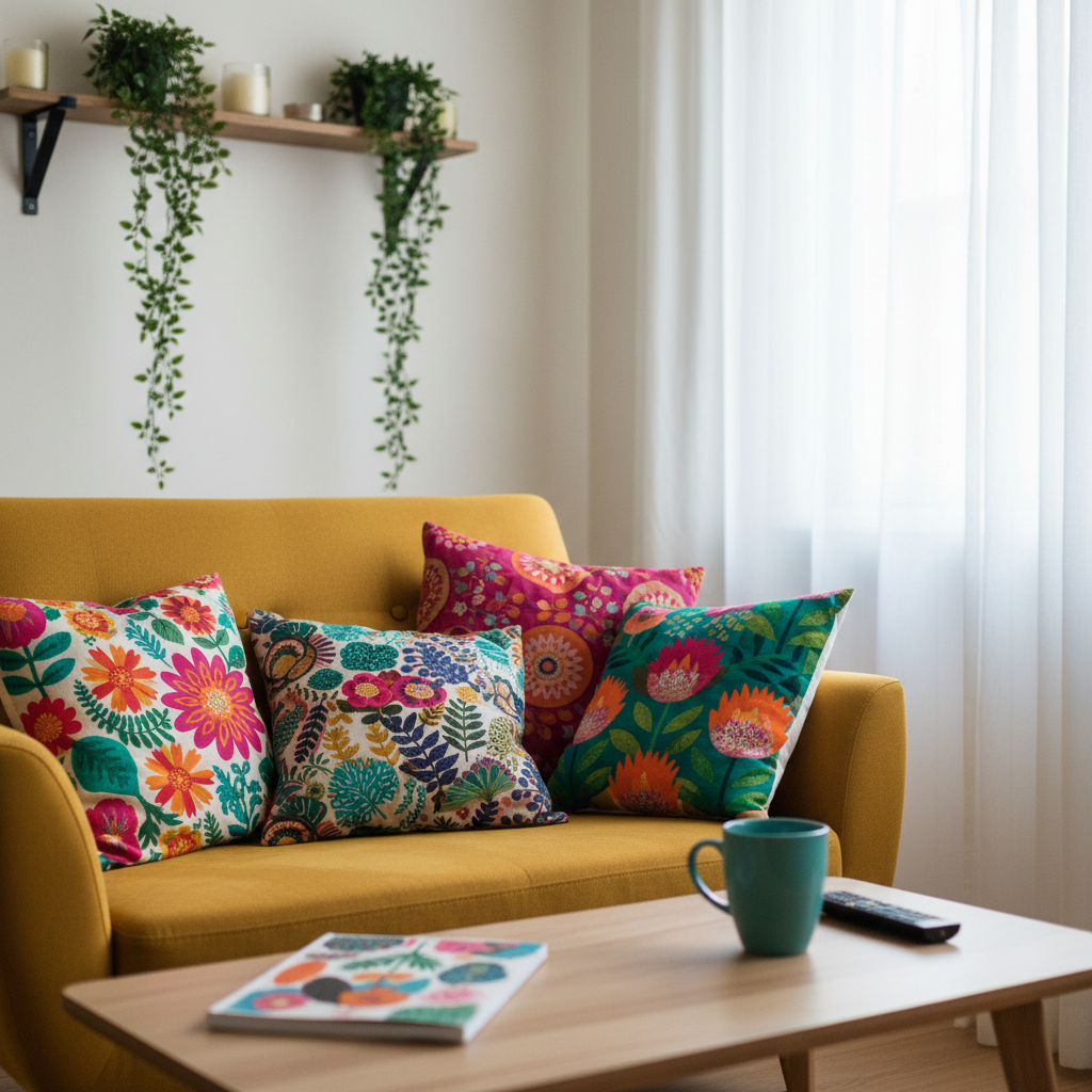 Un rincón acogedor de sala con un sillón amplio de tela color mostaza, mullido y ligeramente arrugado, lleno de cojines estampados en tonos vivos. Frente al sillón, una mesita baja de madera clara sostiene una taza de cerámica color turquesa, un cuaderno con portada ilustrada y un pequeño control remoto. Sobre la pared del fondo, una repisa con plantas colgantes y velas apagadas. La luz entra filtrada a través de cortinas blancas, creando un ambiente suave y entretenido, perfecto para ver videos y escribir opiniones. Composición fotográfica en plano medio, estilo realista y vibrante, con enfoque principal en el sillón y la mesa, fondo ligeramente borroso.